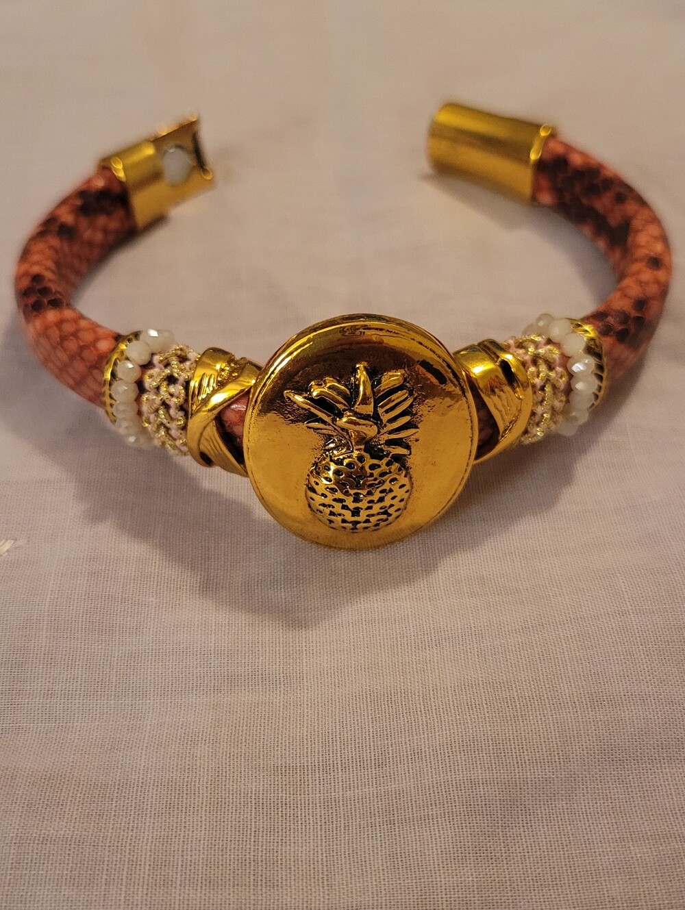 Laura Janelle Gold Toned Pineapple & Leather Bracelet